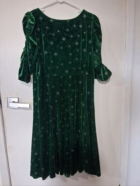 Unique Vintage Green Velvet Midi Ruched Sleeve Retro Sparkle Holiday Dress 1X/16